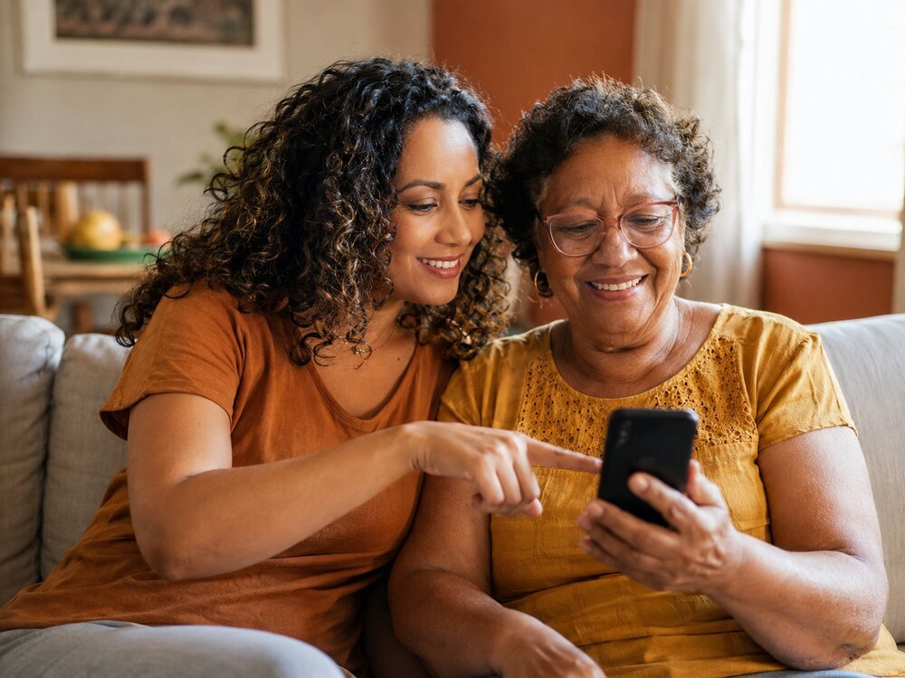 Filho configurando o celular junto com a mãe